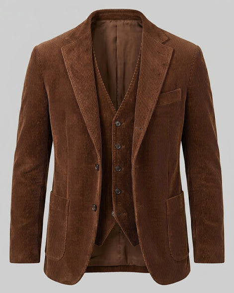 Men's Corduroy Blazer with Matching Vest Casual Jacket Black - Valedrian — view 20