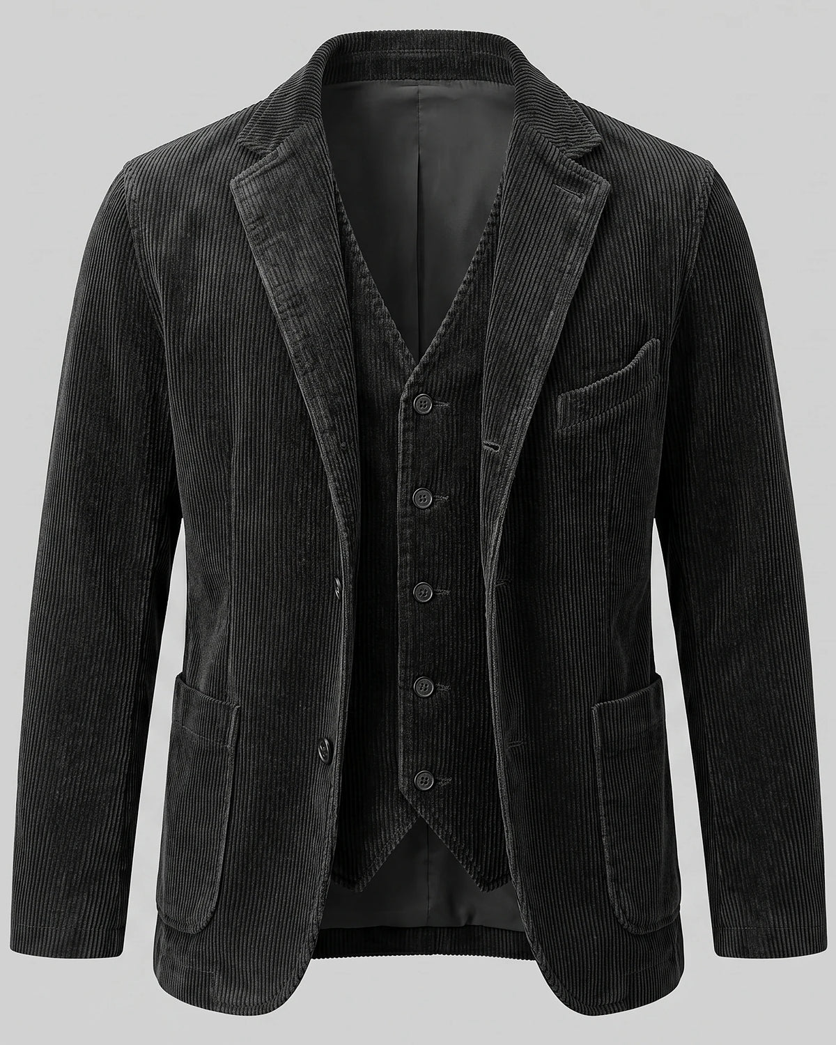 Men's Corduroy Blazer with Matching Vest Casual Jacket Black - Valedrian — view 5