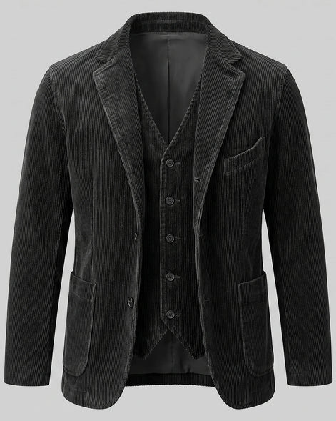 Men's Corduroy Blazer with Matching Vest Casual Jacket Black - Valedrian — view 5