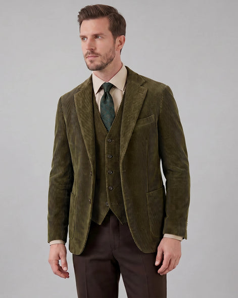 Men's Corduroy Blazer with Matching Vest Casual Jacket Black - Valedrian — view 6