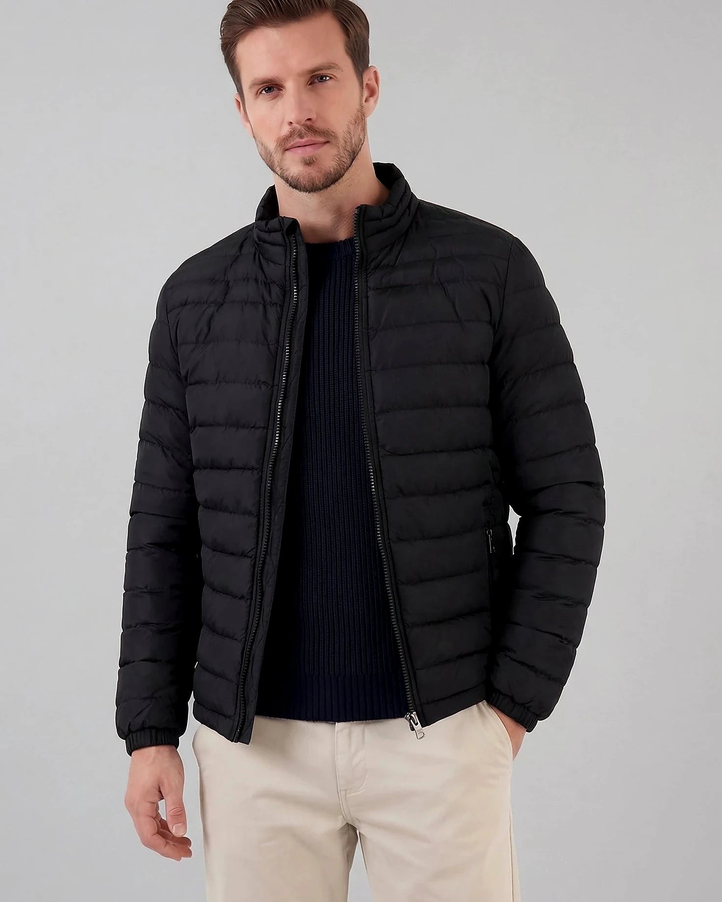Men's Diamond Quilted Puffer Jacket Black Navy Lightweight Spring – Valedrian