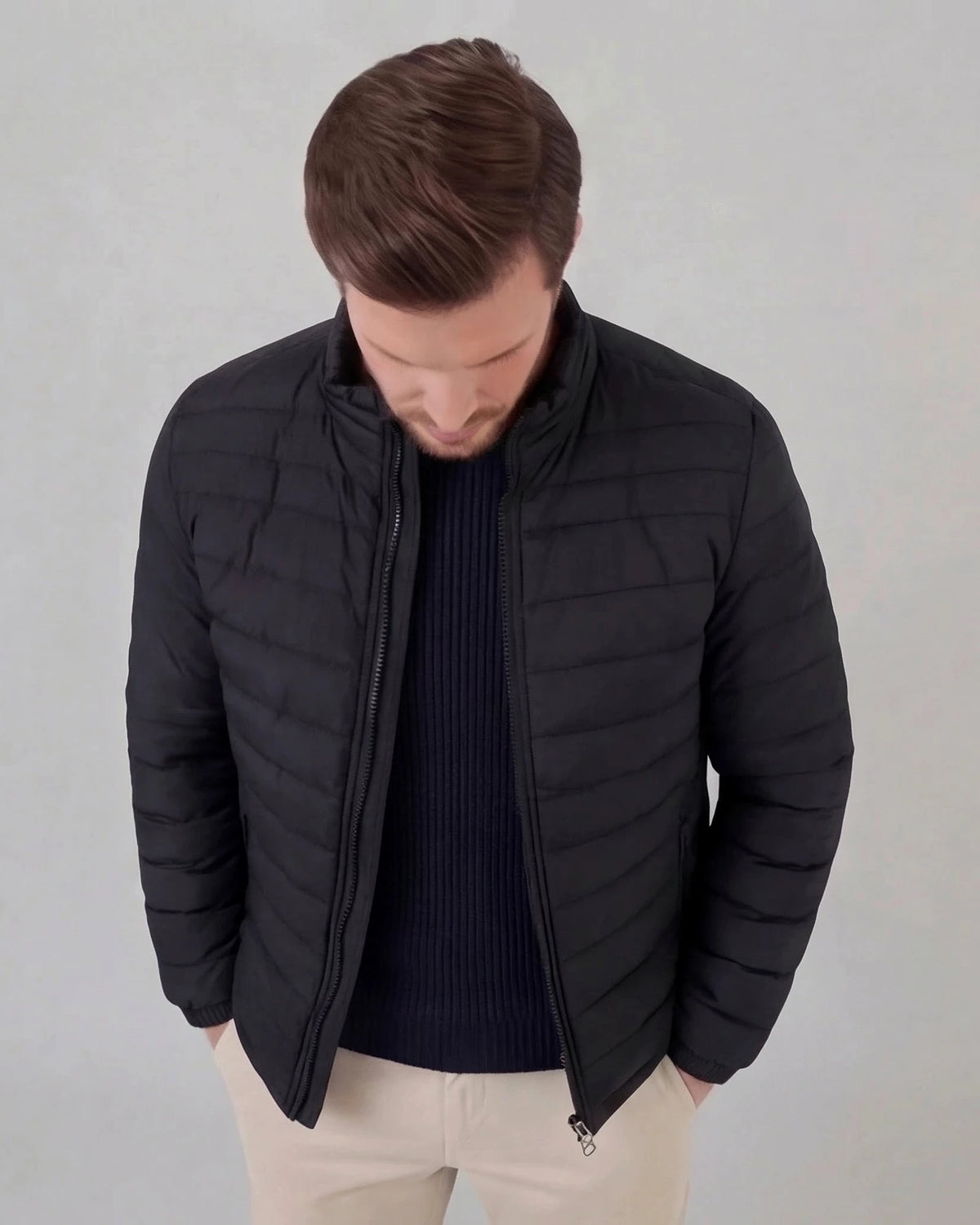 Men's Diamond Quilted Puffer Jacket Black Navy Lightweight Spring – Valedrian — view 5