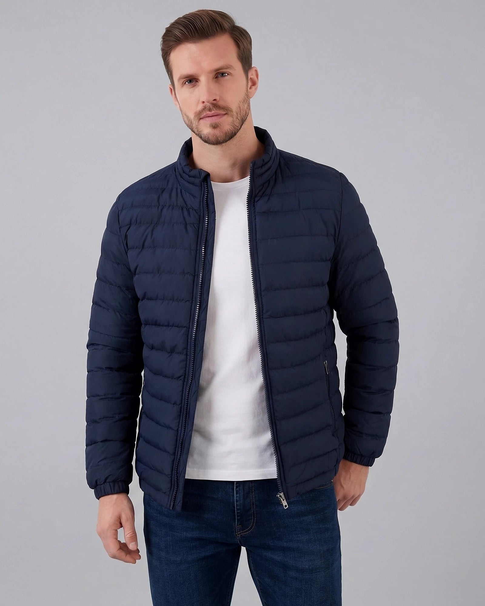 Men's Diamond Quilted Puffer Jacket Black Navy Lightweight Spring – Valedrian — view 7