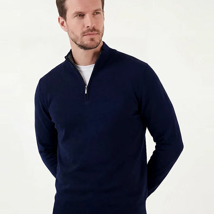 Men's Half-Zip Sweater Navy Cotton Blend Knit - Valedrian