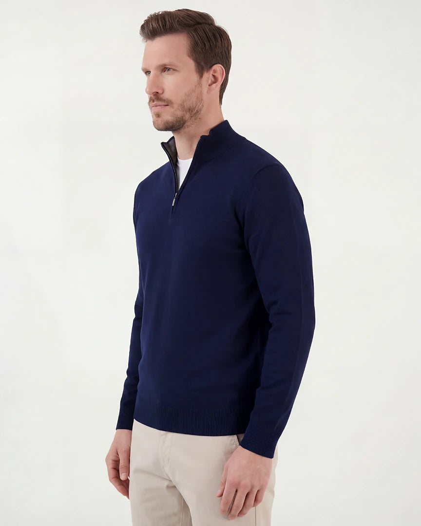 Men's Half-Zip Sweater Navy Cotton Blend Knit - Valedrian — view 2