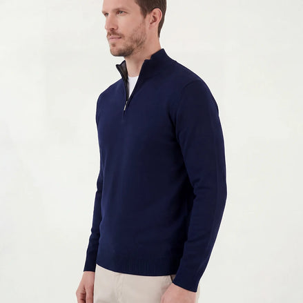 Men's Half-Zip Sweater Navy Cotton Blend Knit - Valedrian — view 2