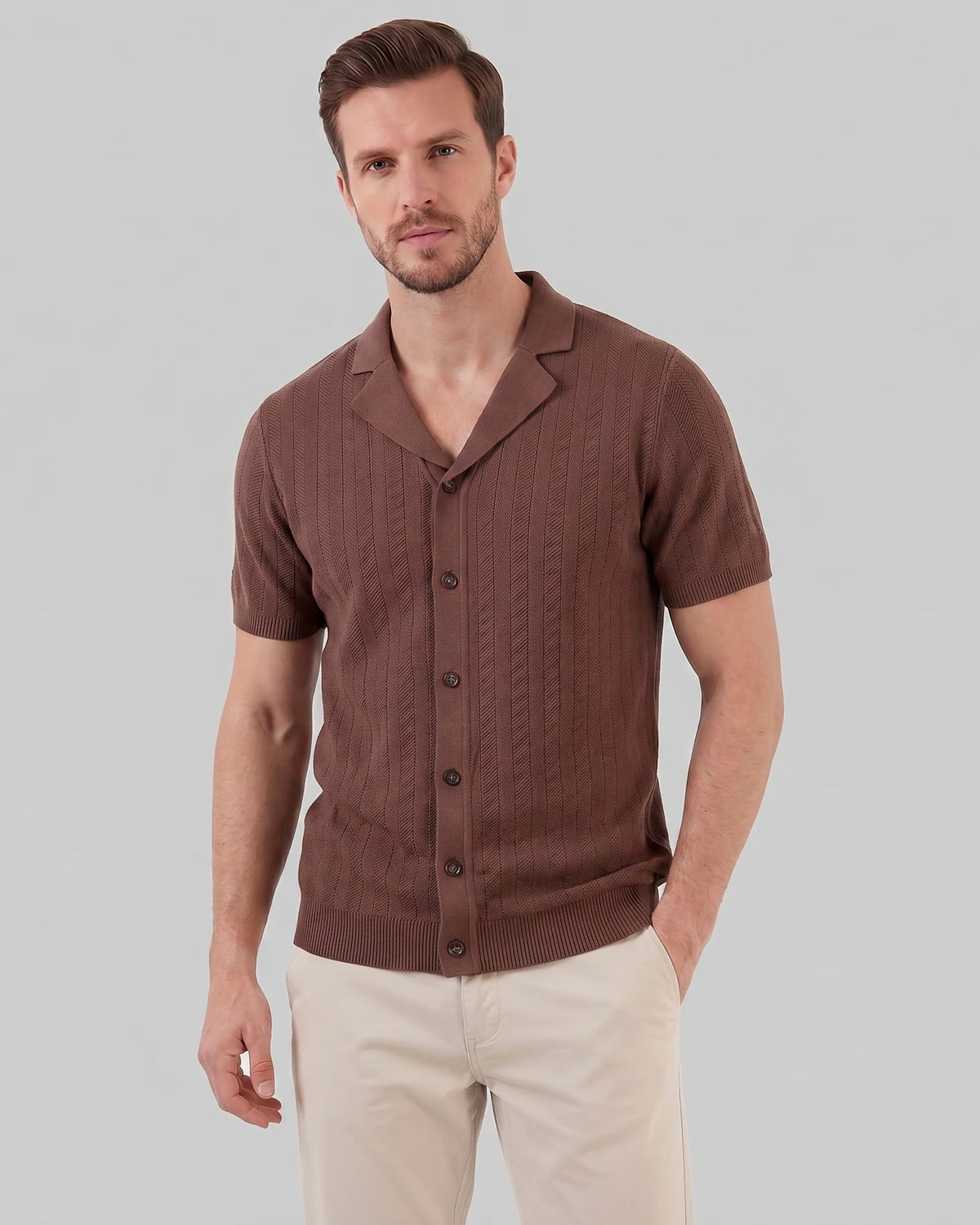Men's Knit Button Shirt Viscose Blend Black Brown S–XXL - Valedrian — view 6