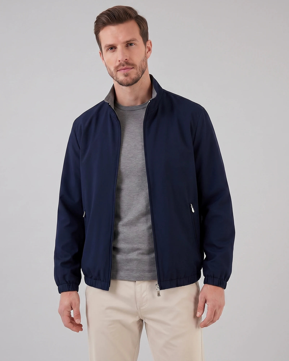 Men's Lightweight Zip-Up Bomber Jacket Blended Fabric Black Brown Navy - Valedrian — view 11