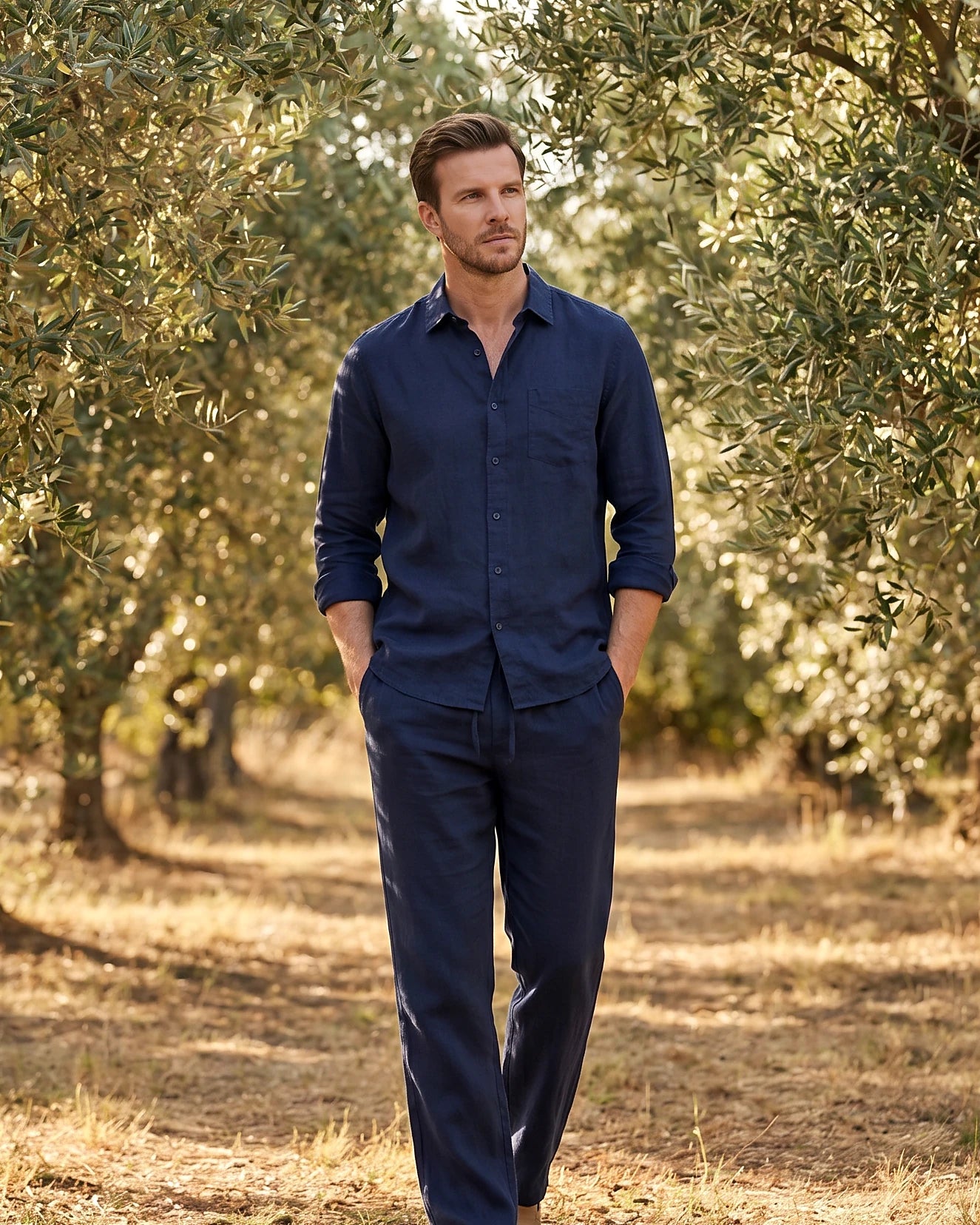 Men's Linen Co-Ord Set Shirt & Trousers Beige Black S–3XL | Valedrian — view 7
