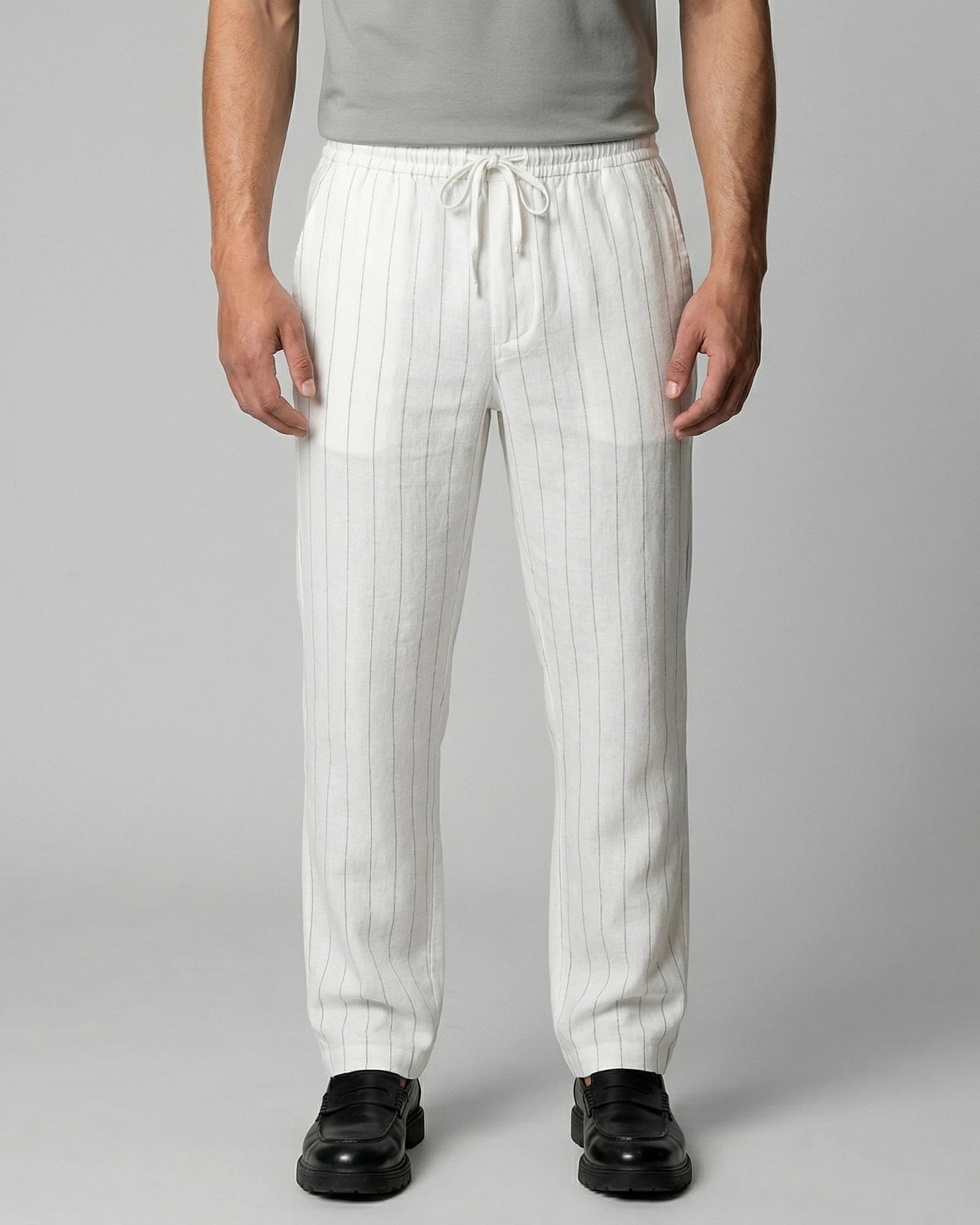 Men's Linen Trousers Drawstring Waist Striped Relaxed Fit Beige - Valedrian — view 11