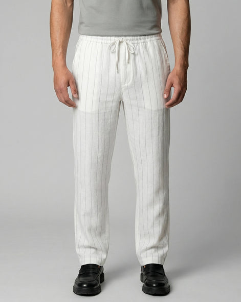 Men's Linen Trousers Drawstring Waist Striped Relaxed Fit Beige - Valedrian — view 11