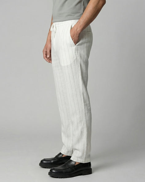 Men's Linen Trousers Drawstring Waist Striped Relaxed Fit Beige - Valedrian — view 12