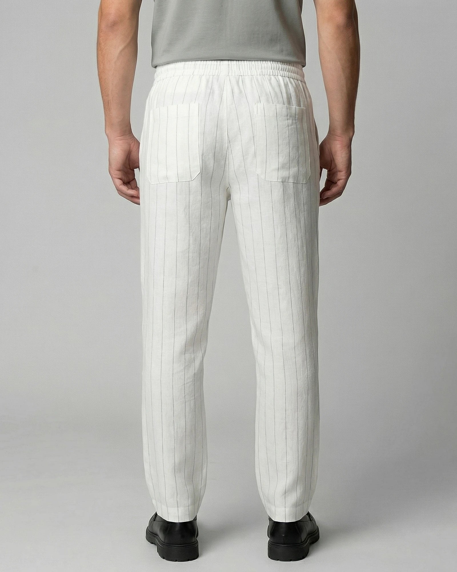 Men's Linen Trousers Drawstring Waist Striped Relaxed Fit Beige - Valedrian — view 13