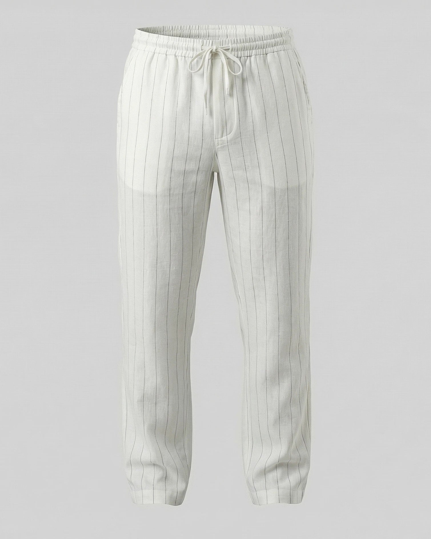 Men's Linen Trousers Drawstring Waist Striped Relaxed Fit Beige - Valedrian — view 15