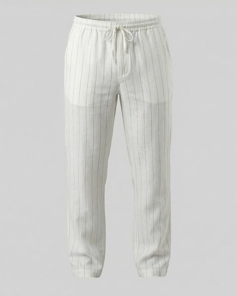 Men's Linen Trousers Drawstring Waist Striped Relaxed Fit Beige - Valedrian — view 15