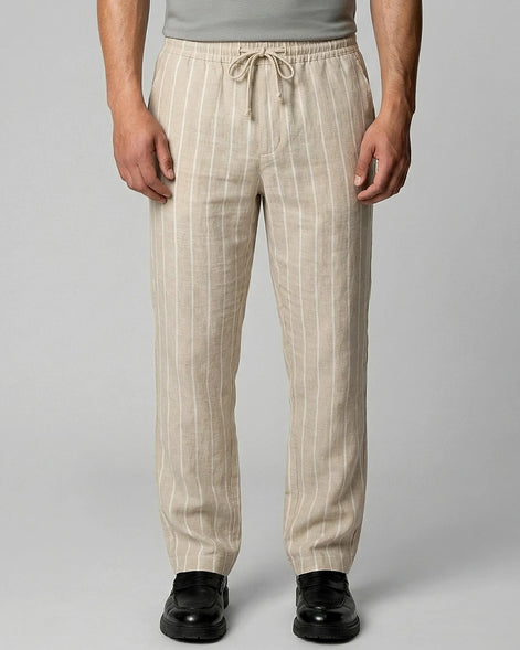 Men's Linen Trousers Drawstring Waist Striped Relaxed Fit Beige - Valedrian