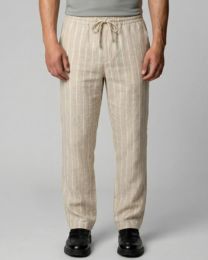 Men's Linen Trousers Drawstring Waist Striped Relaxed Fit Beige - Valedrian