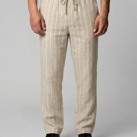 Men's Linen Trousers Drawstring Waist Striped Relaxed Fit Beige - Valedrian