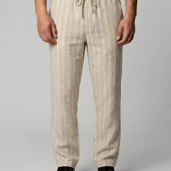 Men's Linen Trousers Drawstring Waist Striped Relaxed Fit Beige - Valedrian