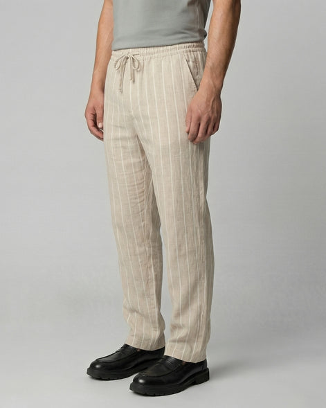 Men's Linen Trousers Drawstring Waist Striped Relaxed Fit Beige - Valedrian — view 2