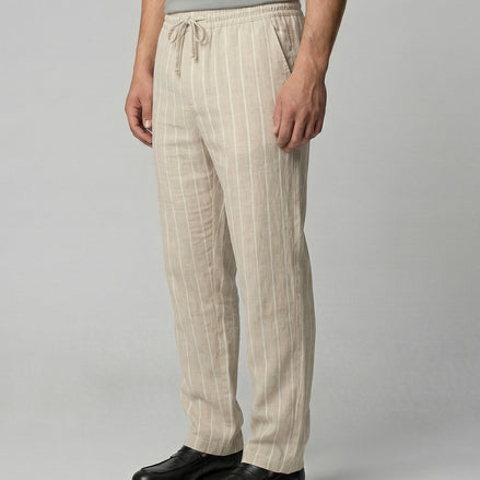 Men's Linen Trousers Drawstring Waist Striped Relaxed Fit Beige - Valedrian — view 2