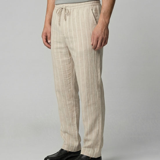 Men's Linen Trousers Drawstring Waist Striped Relaxed Fit Beige - Valedrian — view 2