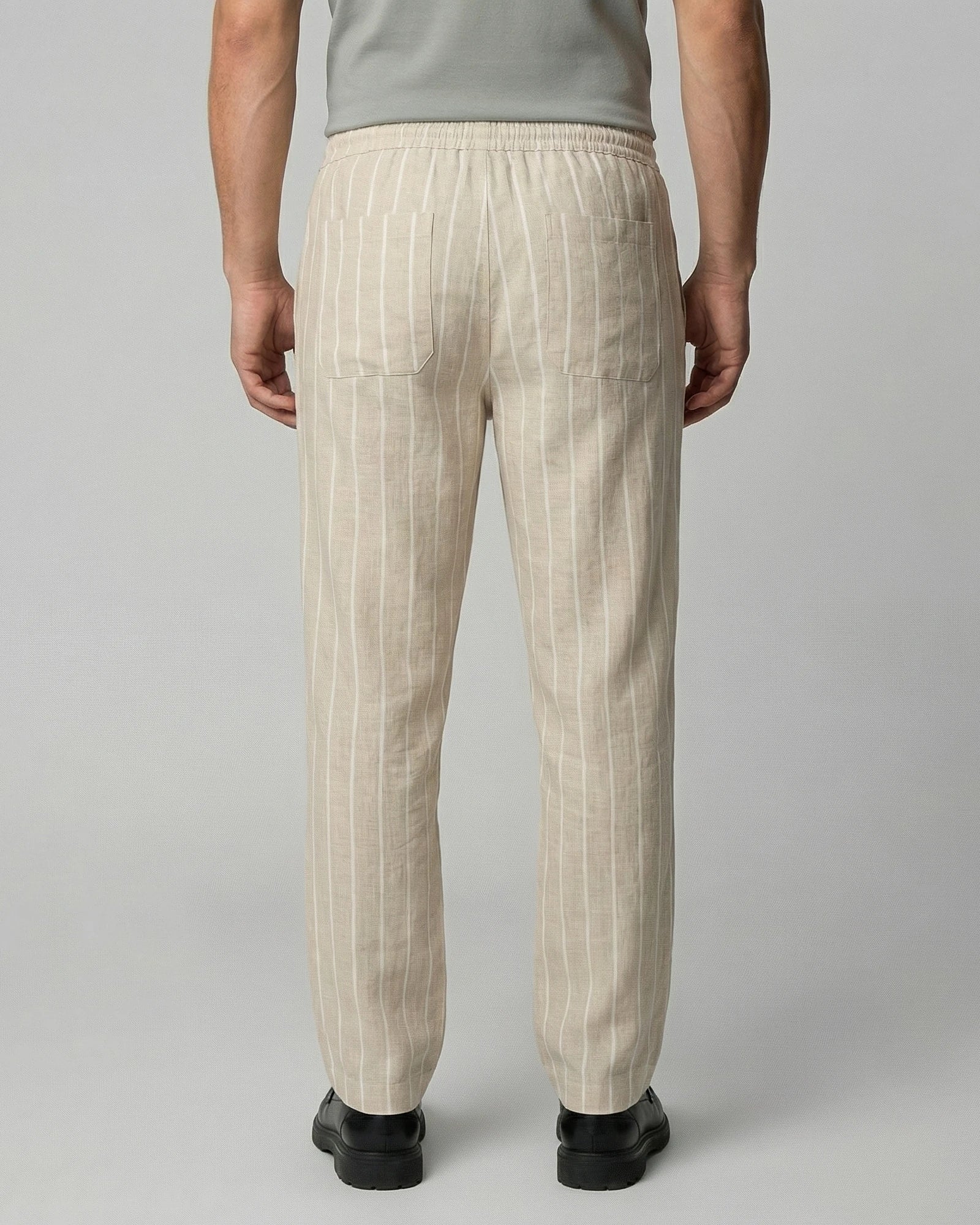 Men's Linen Trousers Drawstring Waist Striped Relaxed Fit Beige - Valedrian — view 3