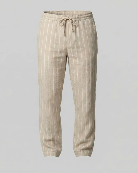 Men's Linen Trousers Drawstring Waist Striped Relaxed Fit Beige - Valedrian — view 5