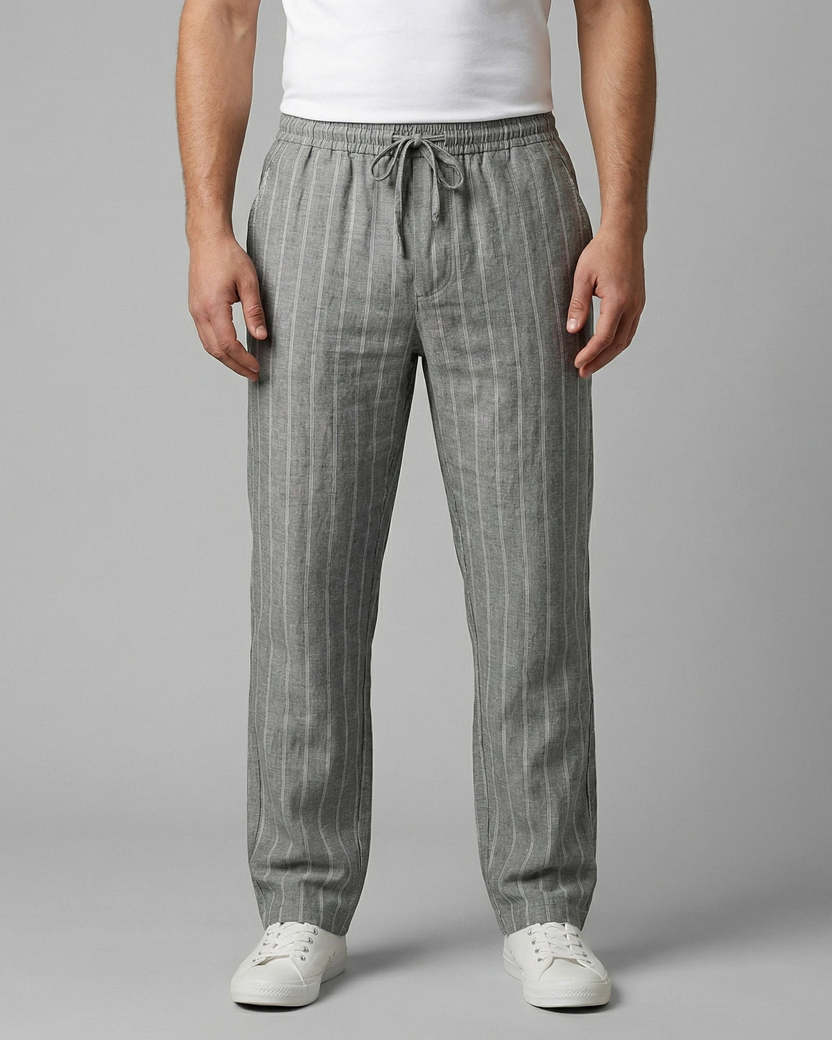 Men's Linen Trousers Drawstring Waist Striped Relaxed Fit Beige - Valedrian — view 6