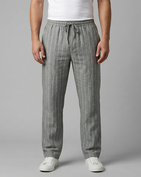 Men's Linen Trousers Drawstring Waist Striped Relaxed Fit Beige - Valedrian — view 6