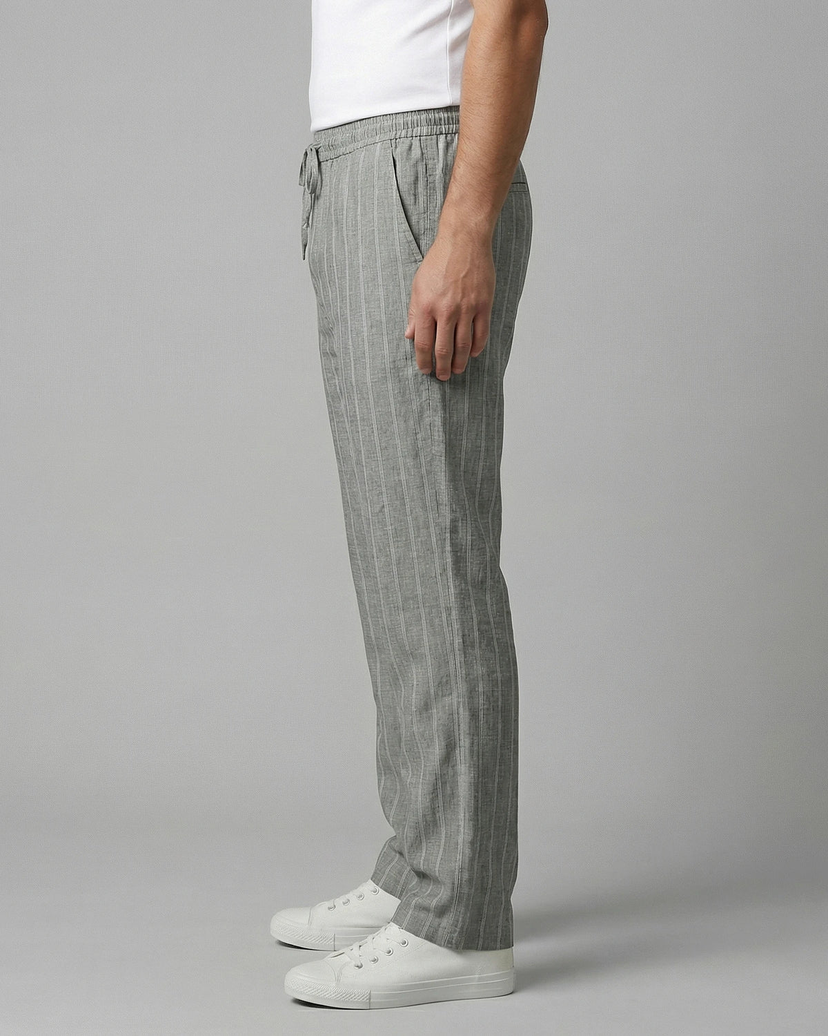 Men's Linen Trousers Drawstring Waist Striped Relaxed Fit Beige - Valedrian — view 8