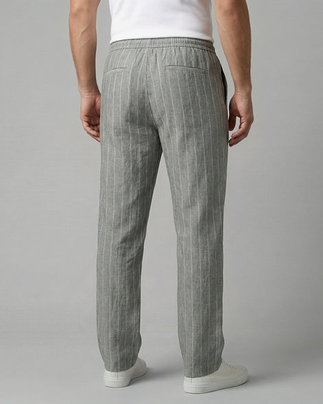 Men's Linen Trousers Drawstring Waist Striped Relaxed Fit Beige - Valedrian — view 9