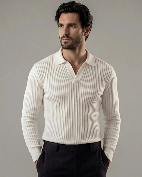 Men's Long Sleeve V-Neck Polo Shirt White & Black M–3XL - Valedrian