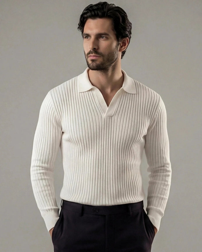 Men's Long Sleeve V-Neck Polo Shirt White & Black M–3XL - Valedrian