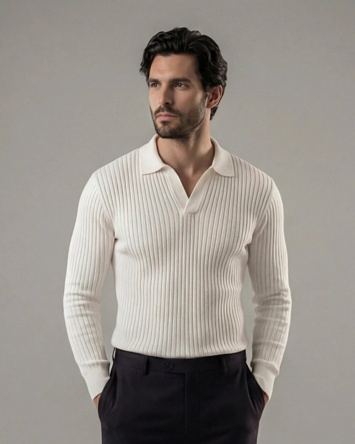 Men's Long Sleeve V-Neck Polo Shirt White & Black M–3XL - Valedrian — view 3