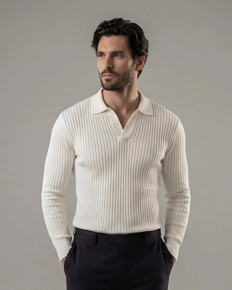 Men's Long Sleeve V-Neck Polo Shirt White & Black M–3XL - Valedrian — view 3