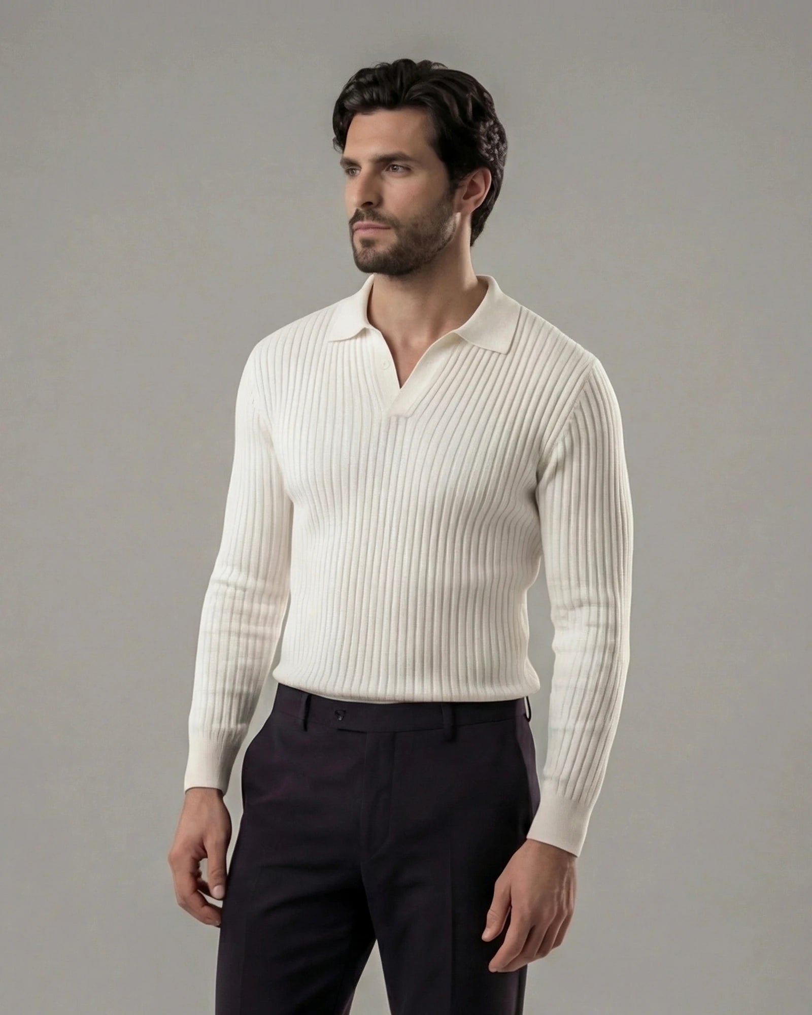 Men's Long Sleeve V-Neck Polo Shirt White & Black M–3XL - Valedrian — view 5