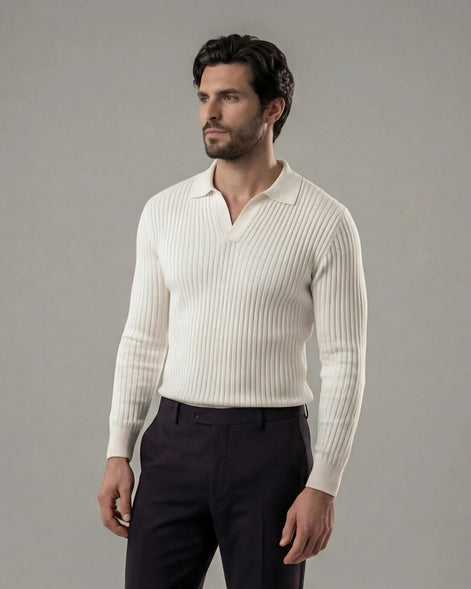 Men's Long Sleeve V-Neck Polo Shirt White & Black M–3XL - Valedrian — view 5