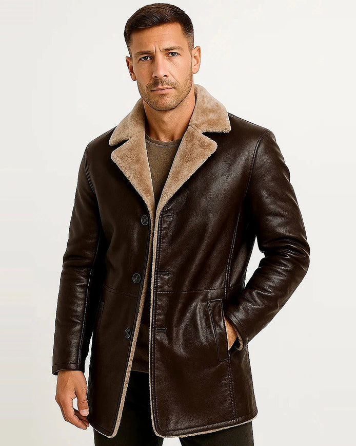 Men's Longline Faux Leather Coat | Fur Collar | Winter Outerwear