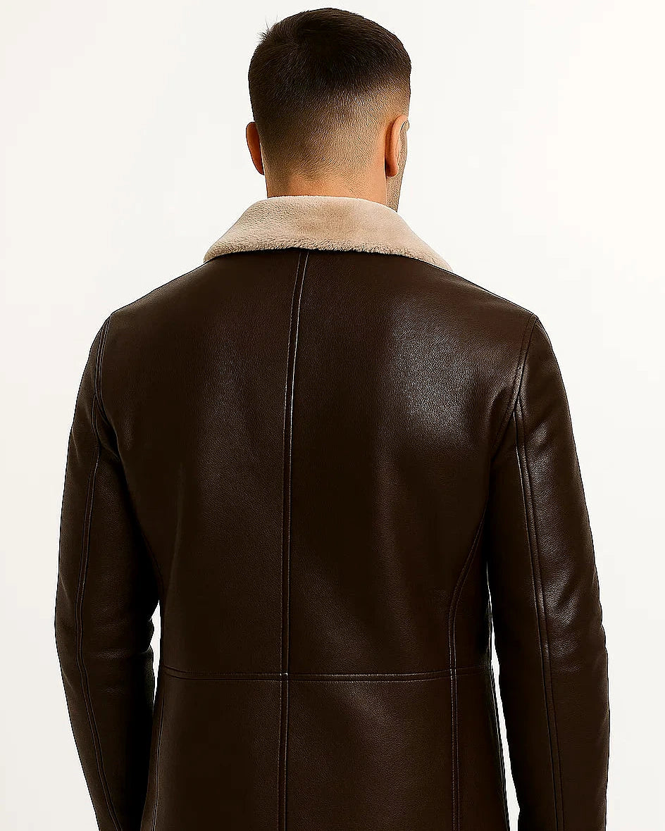 Men's Longline Faux Leather Coat | Fur Collar | Winter Outerwear — view 2