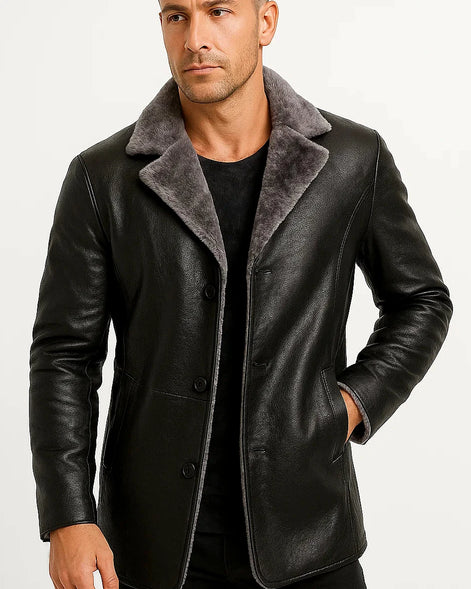 Men's Longline Faux Leather Coat | Fur Collar | Winter Outerwear — view 3
