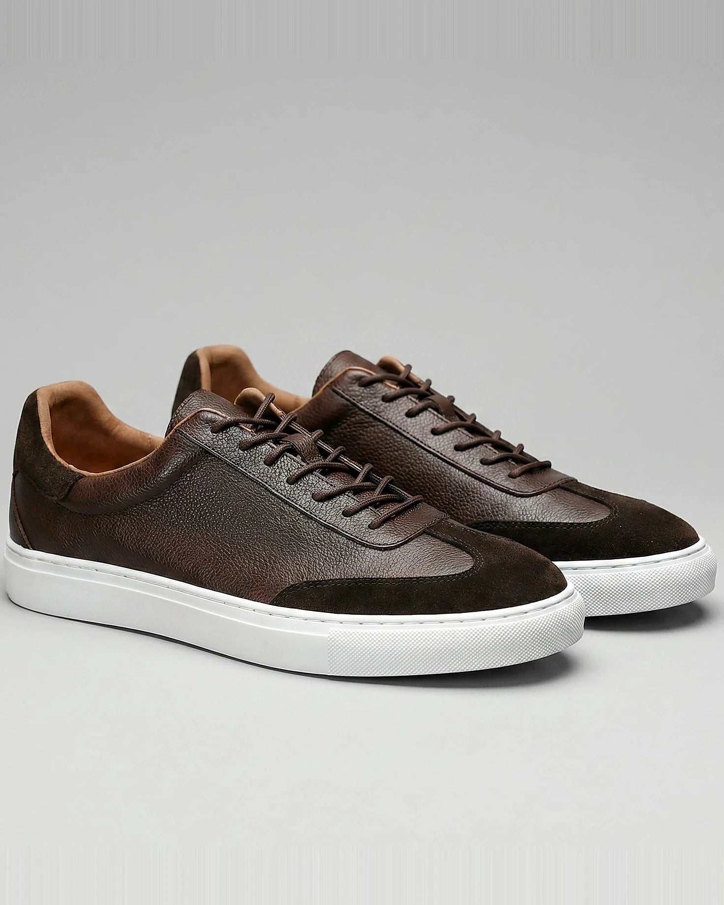 Men's Low-Top Leather Sneakers Full-Grain & Suede Panels Brown – Valedrian