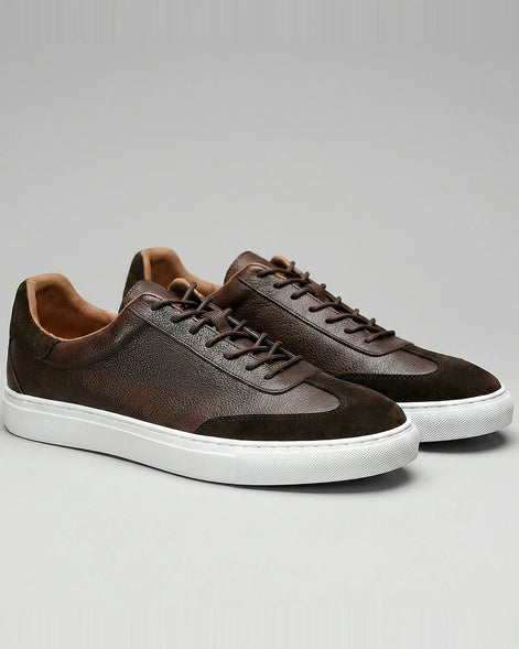Men's Low-Top Leather Sneakers Full-Grain & Suede Panels Brown – Valedrian