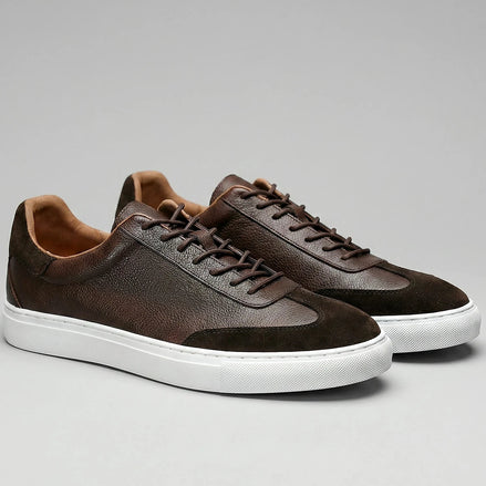 Men's Low-Top Leather Sneakers Full-Grain & Suede Panels Brown – Valedrian