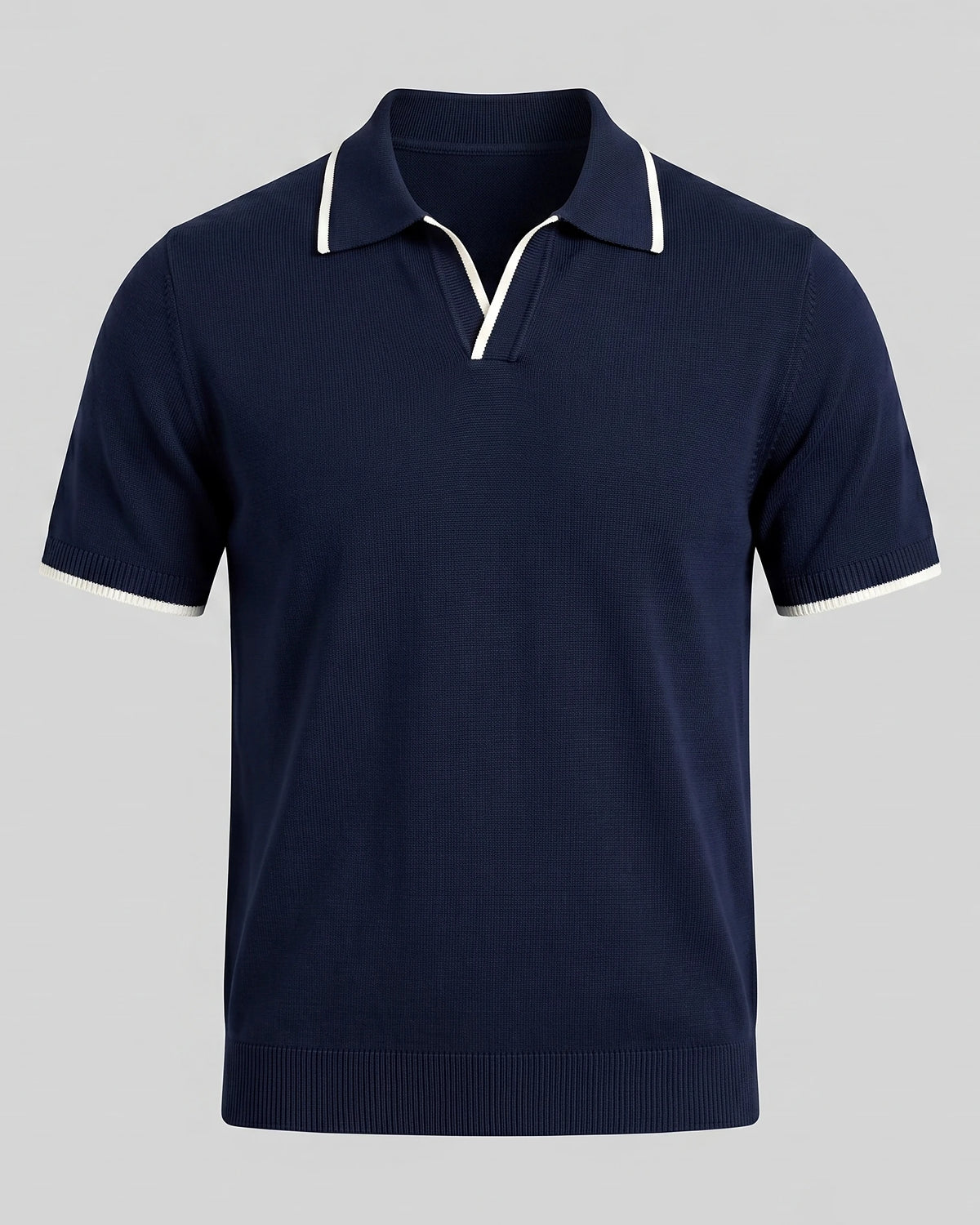 Men's Open-Collar Knit Polo Shirt Contrast Tipping Slim Fit Black White - Valedrian — view 11