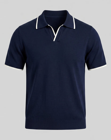 Men's Open-Collar Knit Polo Shirt Contrast Tipping Slim Fit Black White - Valedrian — view 11