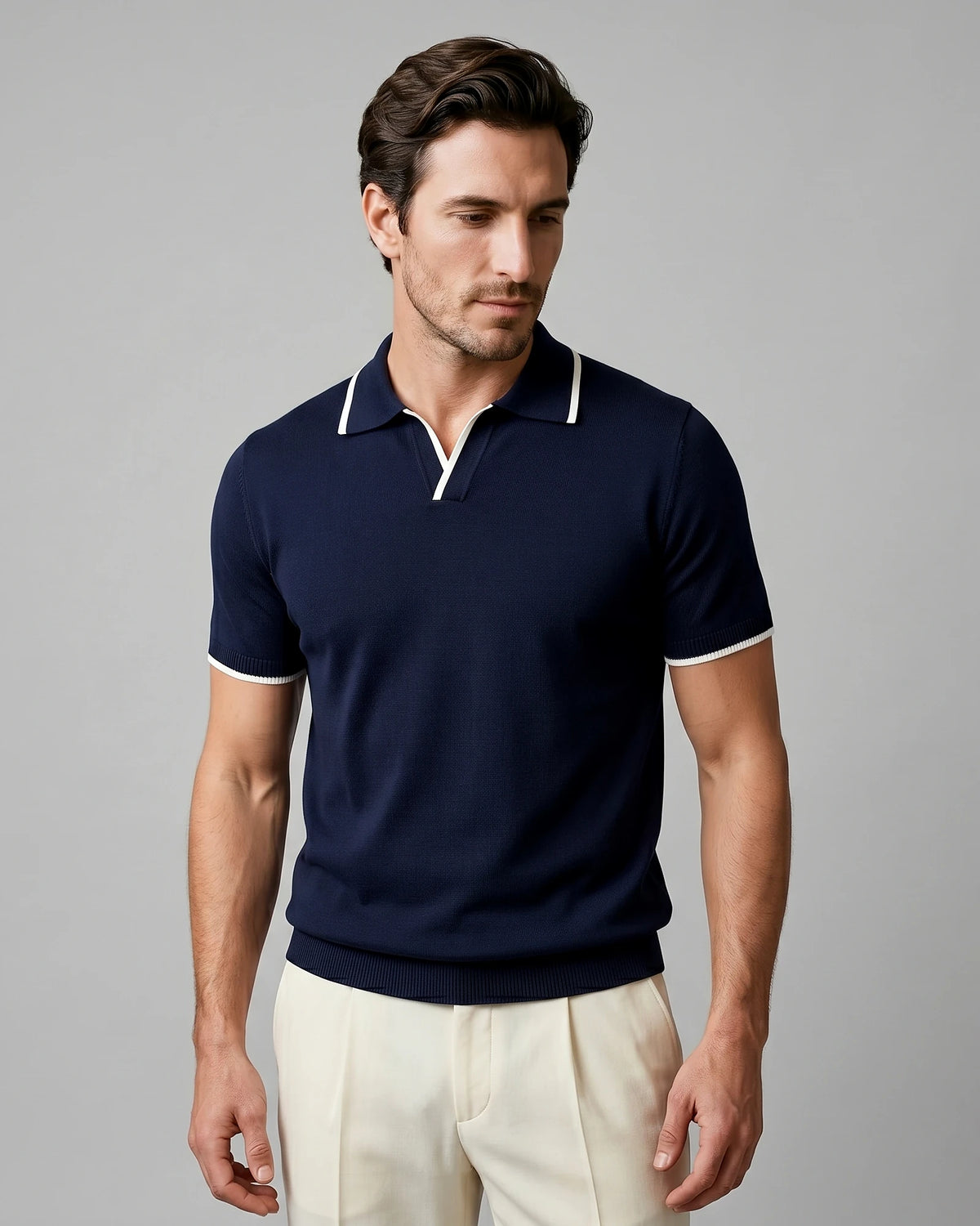 Men's Open-Collar Knit Polo Shirt Contrast Tipping Slim Fit Black White - Valedrian — view 12
