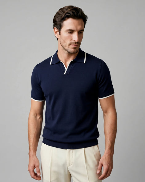 Men's Open-Collar Knit Polo Shirt Contrast Tipping Slim Fit Black White - Valedrian — view 12