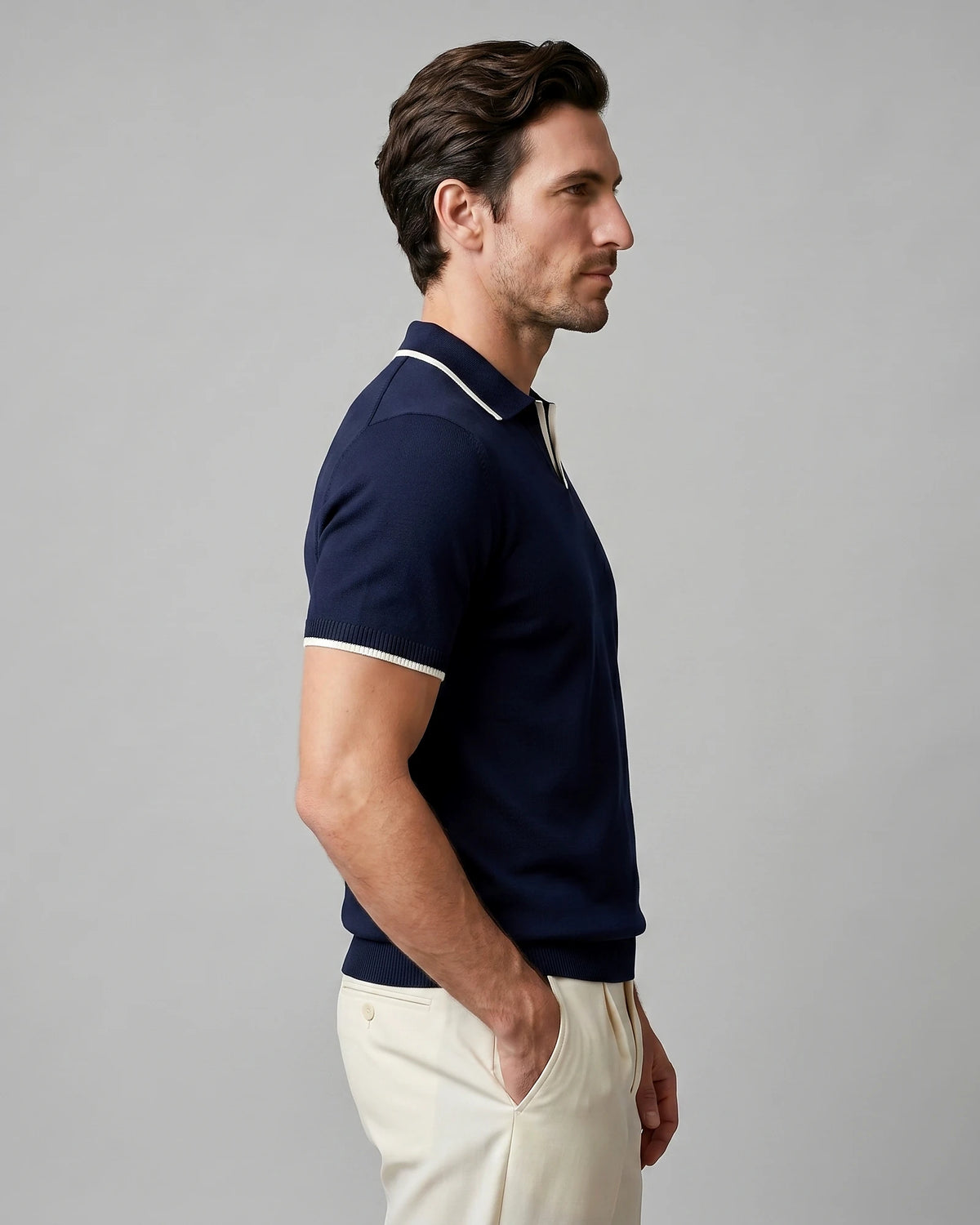 Men's Open-Collar Knit Polo Shirt Contrast Tipping Slim Fit Black White - Valedrian — view 13