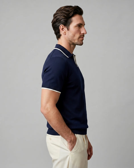 Men's Open-Collar Knit Polo Shirt Contrast Tipping Slim Fit Black White - Valedrian — view 13